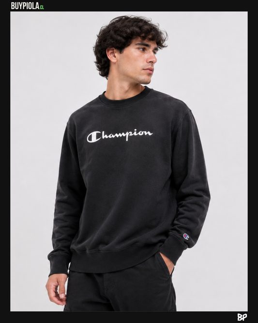 Champion Crewneck Negro Script Blanco