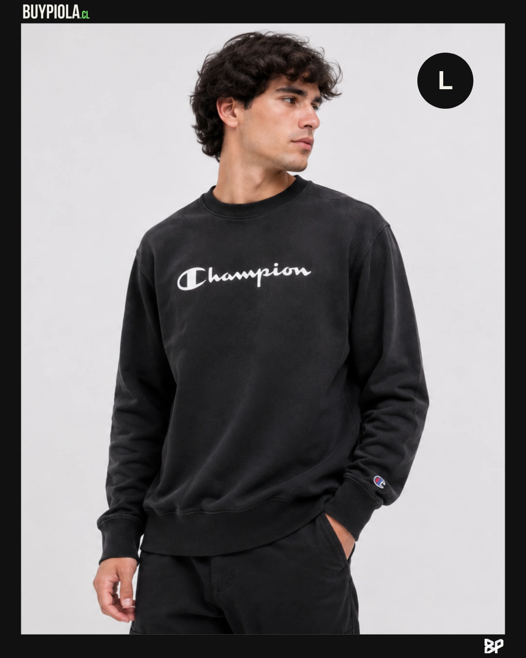 Champion Crewneck Negro Script Blanco