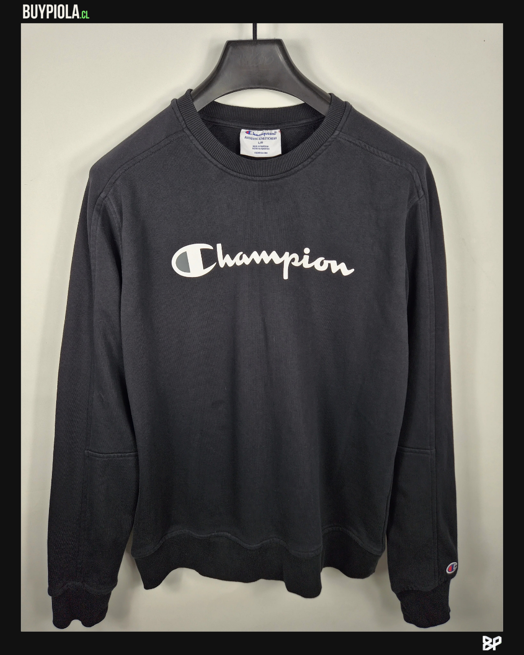 Champion Crewneck Negro Script Blanco